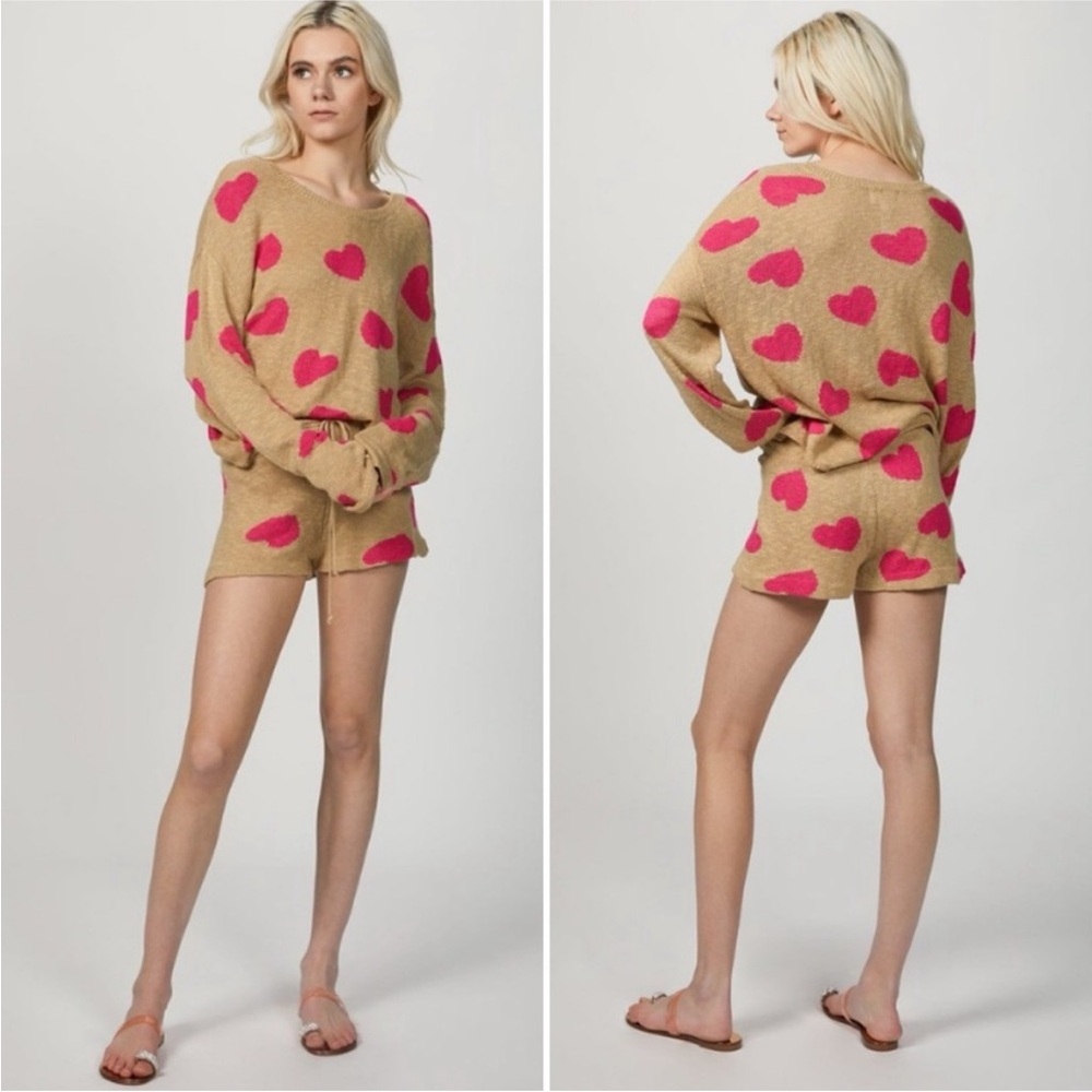 BEACH RIOT PINK HEART KNIT SWEATER SHORT SET M ANTHROPOLOGIE